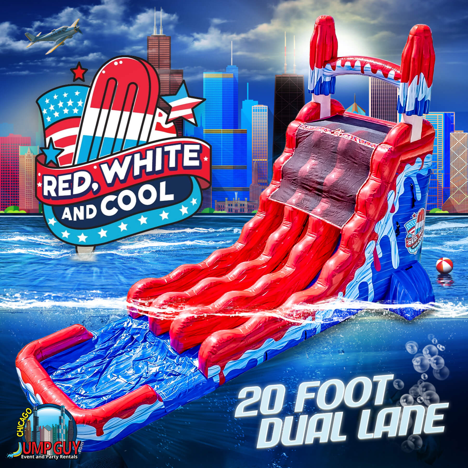20-foot dual lane red and white inflatable water slide rental for Wheaton IL parties