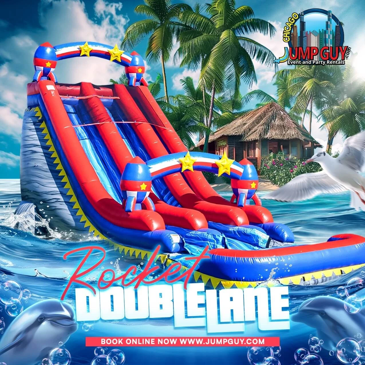 22-foot Rocket dual lane dry slide inflatable rental for parties in Wheaton IL