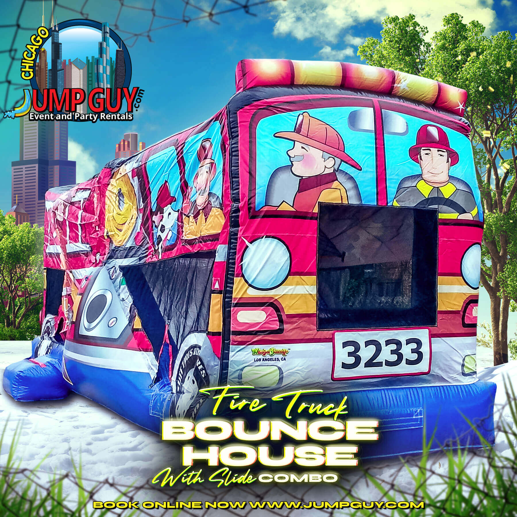 Fire truck themed bounce house with slide combo set up outdoors in winter for kids party rental