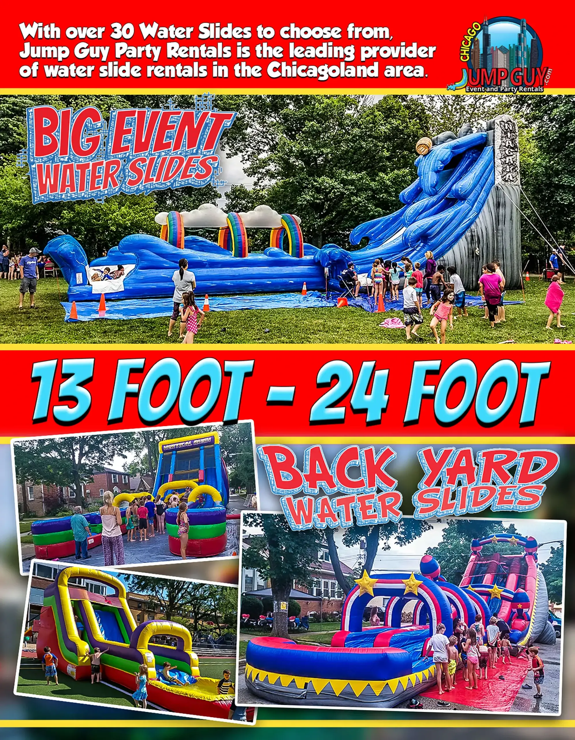 Big event and backyard water slide rentals 13 to 24 foot inflatables in Wheaton IL