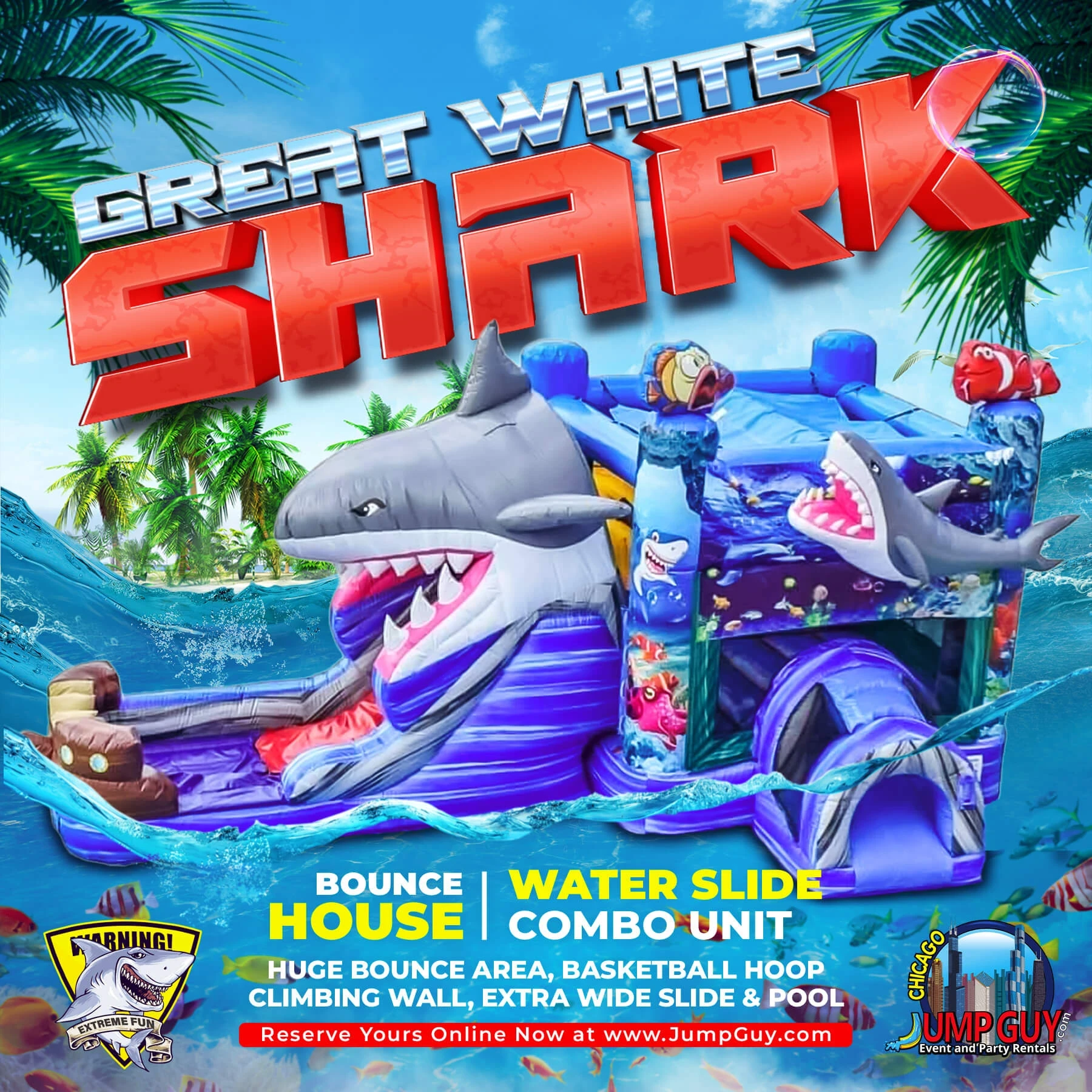 Great White Shark inflatable bounce house and water slide combo rental in Wheaton IL