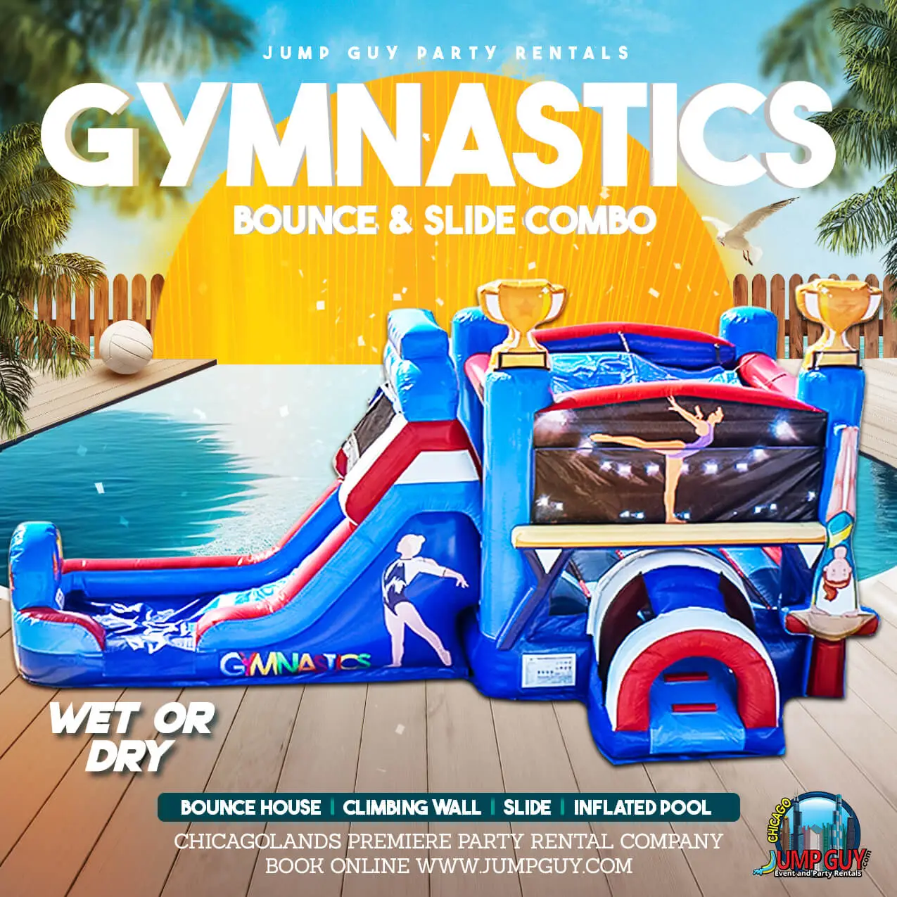 Gymnastics themed bounce house and slide combo rental for Wheaton IL events
