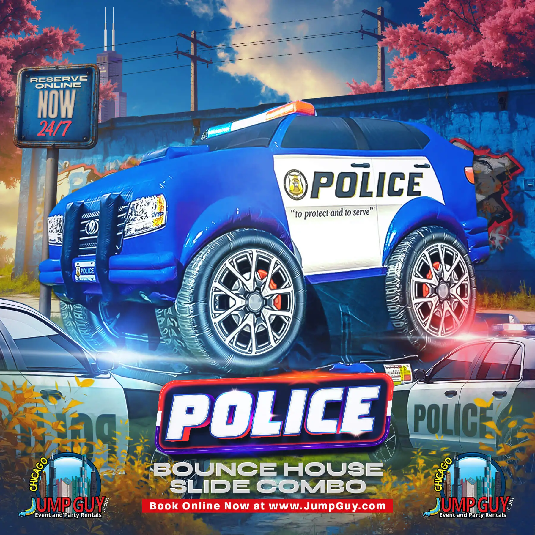 Police car themed bounce house and slide combo rental for kids parties in Wheaton IL